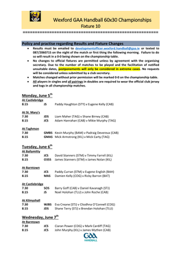 Wexford GAA Handball 60X30 Championships Fixture 10 ======