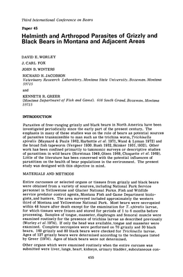 Helminth and Arthropod Parasites of Grizzly and Black Bears in Montana and Adjacent Areas