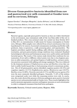 Diverse Gram-Positive Bacteria Identified from Raw and Pasteurized Cow Milk Consumed at Gondar Town and Its Environs, Ethiopia