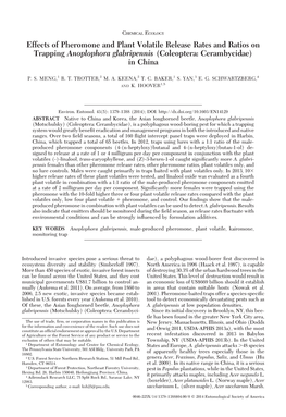 Effects of Pheromone and Plant Volatile Release Rates and Ratios on Trapping Anoplophora Glabripennis (Coleoptera: Cerambycidae) in China