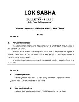 LOK SABHA ___ BULLETIN – PART I (Brief Record of Proceedings) ___