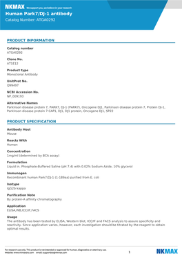 Human Park7/DJ-1 Antibody Catalog Number: ATGA0292