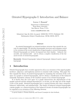 Oriented Hypergraphs I: Introduction and Balance Arxiv:1210.0943V1