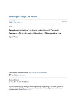 Report on the State of Louisiana to the Second Thematic Congress of the International Academy of Comparative Law