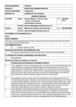 COUNCIL SUBJECT: EXECUTIVE BUSINESS REPORT DATE of DECISION: 15 May 2019 REPORT OF: LEADER of the COUNCIL CONTACT DETAILS