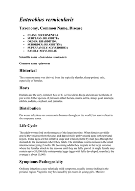 Enterobius Vermicularis Taxonomy, Common Name, Disease