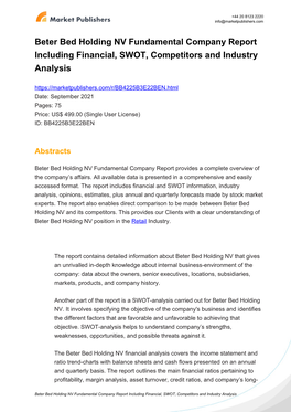 Beter Bed Holding NV Fundamental Company Report Including