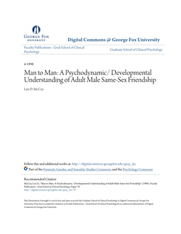 A Psychodynamic/ Developmental Understanding of Adult Male Same-Sex Friendship Len D