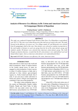 Analysis of Resource Use Efficiency in Bt. Cotton and American Cotton in Sri Ganganagar District of Rajasthan