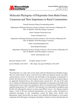 Molecular Phylogeny of Polyporales from Bafut Forest, Cameroon and Their Importance to Rural Communities