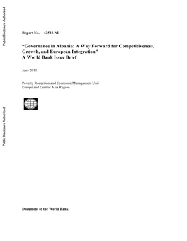 Governance in Albania: a Way Forward for Competitiveness, Growth, and European Integration‖ a World Bank Issue Brief