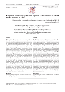 The First Case of MYH9 Related Disorder in Serbia Kongenitalna Trombocitopenija Sa Nefritisom – Prvi Bolesnik Sa MYH9 Poremeüajem U Srbiji