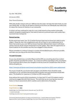 Preit Chahal Principal Hugh Robinson CEO Our Ref: PRC/EMH 22 January 2021 Dear Parent/Students, with Daily Deaths Rising to We