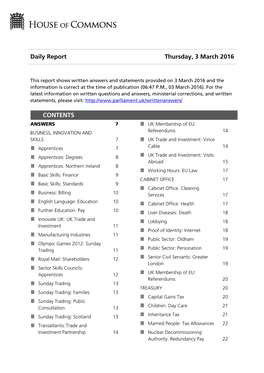 Daily Report Thursday, 3 March 2016 CONTENTS