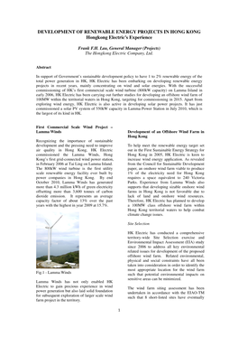 DEVELOPMENT of RENEWABLE ENERGY PROJECTS in HONG KONG Hongkong Electric's Experience