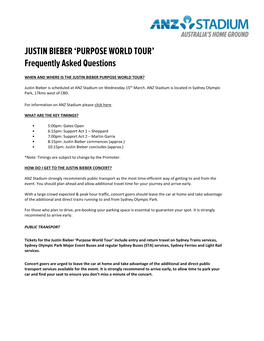 JUSTIN BIEBER 'PURPOSE WORLD TOUR' Frequently Asked Questions