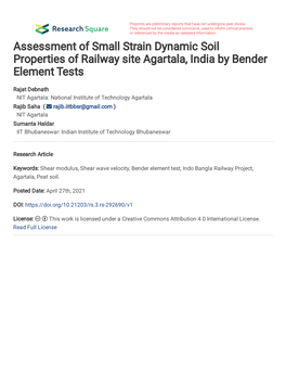 Assessment of Small Strain Dynamic Soil Properties of Railway Site Agartala, India by Bender Element Tests