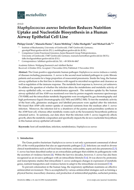 Staphylococcus Aureus Infection Reduces Nutrition Uptake and Nucleotide Biosynthesis in a Human Airway Epithelial Cell Line