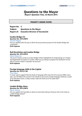 Questions to the Mayor Mayor's Question Time, 25 March 2015