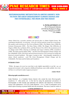 Historiographic Metafiction in Amitav Ghosh’S Non- Fiction the Great Derangement Climate Change and the Unthinkable, the Imam and the Indian