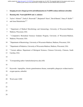 Imaging Invasive Fungal Growth and Inflammation in NADPH Oxidase-Deficient Zebrafish 1 Running Title