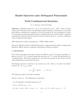 Hankel Operators Plus Orthogonal Polynomials Yield Combinatorial Identities