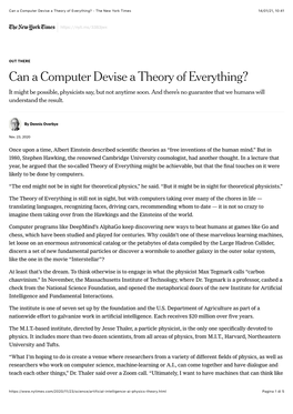 Can a Computer Devise a Theory of Everything? - the New York Times 14/01/21, 10�41
