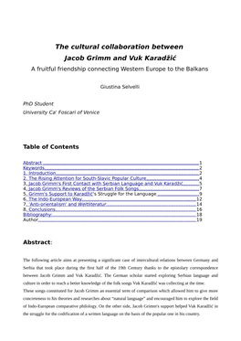 The Cultural Collaboration Between Jacob Grimm and Vuk Karadžić a Fruitful Friendship Connecting Western Europe to the Balkans