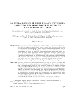La Tomba Ipogeica Di Badde De Janas (Putifigari, Sardegna): Una Nuova Domus De Janas Con Riproduzione Del Tetto