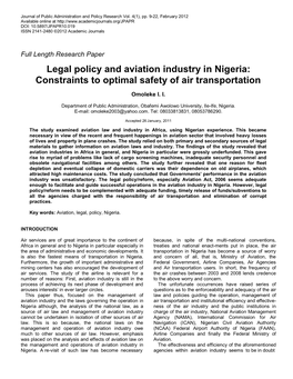 Legal Policy and Aviation Industry in Nigeria: Constraints to Optimal Safety of Air Transportation