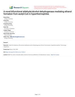 A Novel Bifunctional Aldehyde/Alcohol Dehydrogenase Mediating Ethanol Formation from Acetyl-Coa in Hyperthermophiles