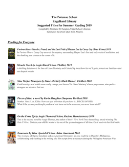 The Potomac School Engelhard Library Suggested Titles for Summer Reading 2019 Compiled by Stephanie H