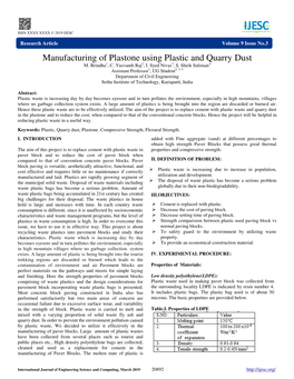 Manufacturing of Plastone Using Plastic and Quarry Dust M