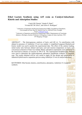 Ethyl Lactate Synthesis Using A15 Resin As Catalyst/Adsorbent: Kinetic and Adsorption Studies