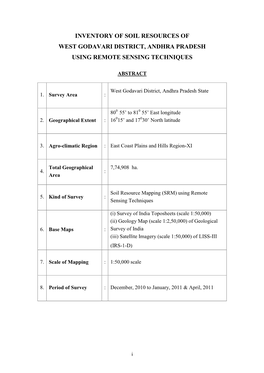 Inventory of Soil Resources of West Godavari District, Andhra Pradesh Using Remote Sensing Techniques