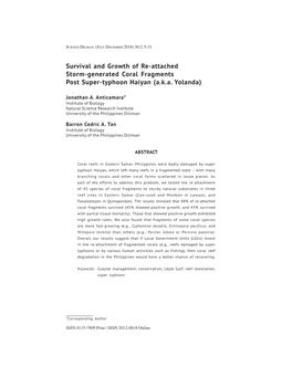 Survival and Growth of Re-Attached Storm-Generated Coral Fragments Post Super-Typhoon Haiyan (A.K.A