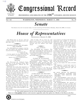 Congressional Record United States Th of America PROCEEDINGS and DEBATES of the 106 CONGRESS, SECOND SESSION