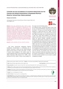 A Report on the Occurrence of Eulophid Parasitoids on the Cashew Leaf Miner Acrocercops Syngramma Meyrick