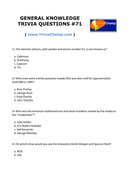General Knowledge Trivia Questions #71