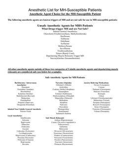 Anesthetic List for MH-Susceptible Patients Anesthetic Agent Choice for the MH-Susceptible Patient