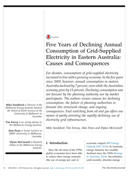 Five Years of Declining Annual Consumption of Grid-Supplied Electricity in Eastern Australia: Causes and Consequences