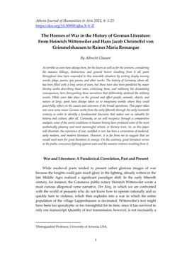 The Horrors of War in the History of German Literature: from Heinrich Wittenwiler and Hans Jacob Christoffel Von Grimmelshausen to Rainer Maria Remarque