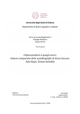 Ripensandomi a Quegli Anni»: Lettura Comparata Delle Autobiografie Di Anna Zuccari