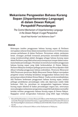 Perspektif Perundangan the Control Mechanism of Unparliamentary Language in the Dewan Rakyat: a Legal Perspective Idzuafi Hadi Kamilan* and Muthanna Saari**