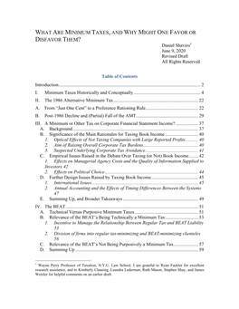 WHAT ARE MINIMUM TAXES, and WHY MIGHT ONE FAVOR OR DISFAVOR THEM? Daniel Shaviro* June 9, 2020 Revised Draft All Rights Reserved