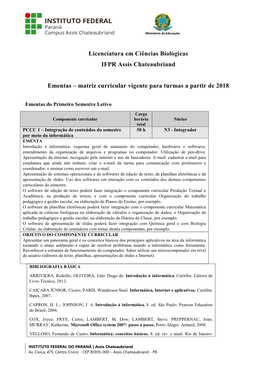 Licenciatura Em Ciências Biológicas IFPR Assis Chateaubriand Ementas