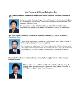 Vice Premier and Chinese Delegation Bios
