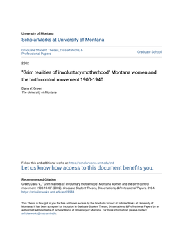 Montana Women and the Birth Control Movement 1900-1940