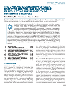 The Dynamic Modulation of Gabaa Receptor Trafficking and Its Role in Regulating the Plasticity of Inhibitory Synapses