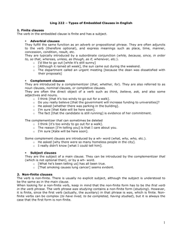 Types of Embedded Clauses in English 1. Finite Clauses the Verb